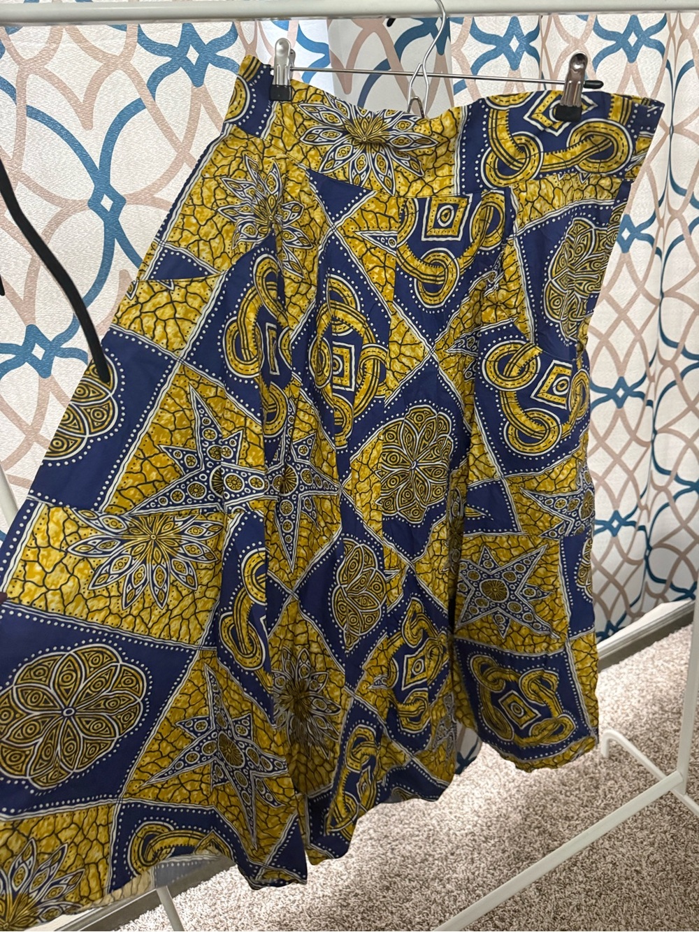 Trashy Diva Yellow and Navy A-Line Midi Skirt with Geometric Print